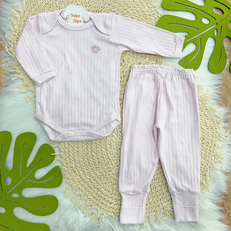 Conj. Body Manga Longa Elefantinho e Calça Canelada - Rosa Bebê